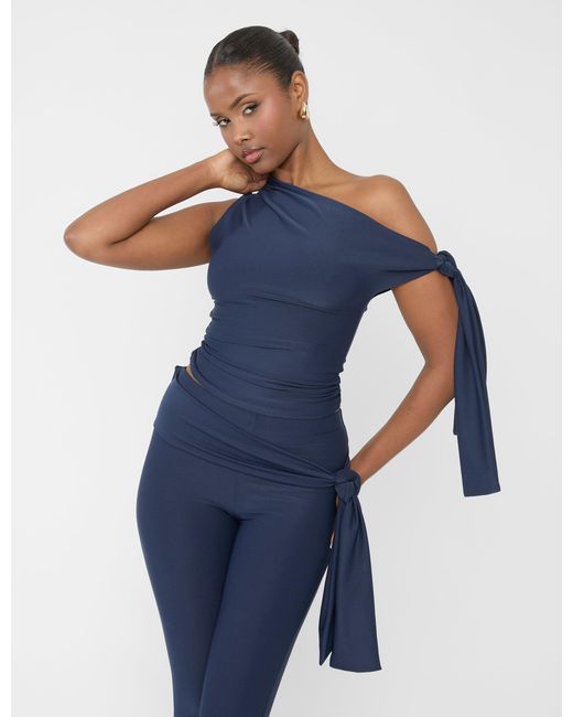 Public Desire Blue Knot Detail Asymmetric One Shoulder Luxe Slinky Top Navy