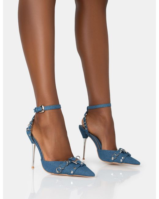 Public Desire Prowl Blue Denim Strappy Metal Detailed Slingback Wrap Around The Ankle Pointed Court Stiletto Heels