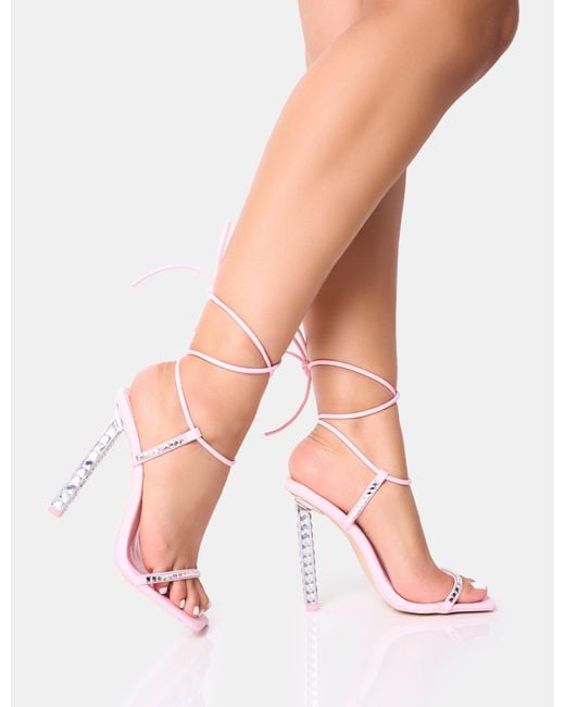 Public Desire Babe Baby Pink Pu Lace Up Strappy Square Toe Barley There Thin Block High Heels