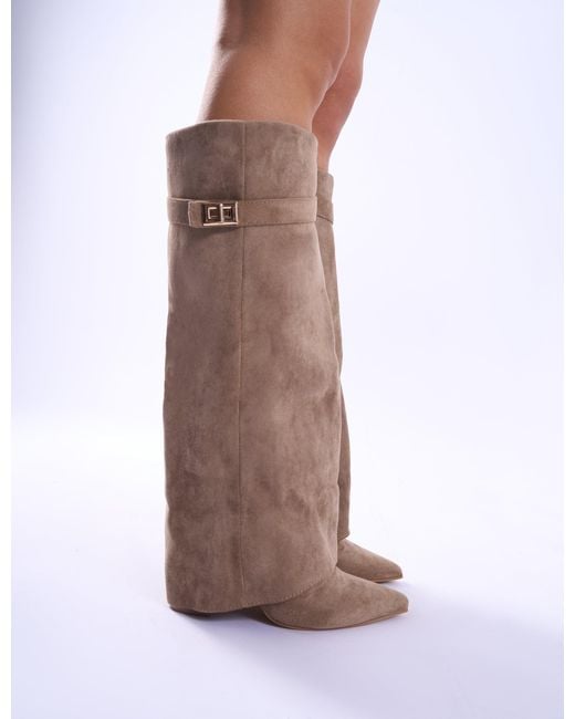 Public Desire Brown Say Yes Beige Faux Suede Padlock Fold Over Knee High Boots