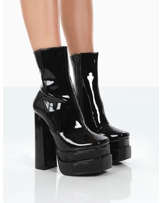 wide fitting black patent ankle boots