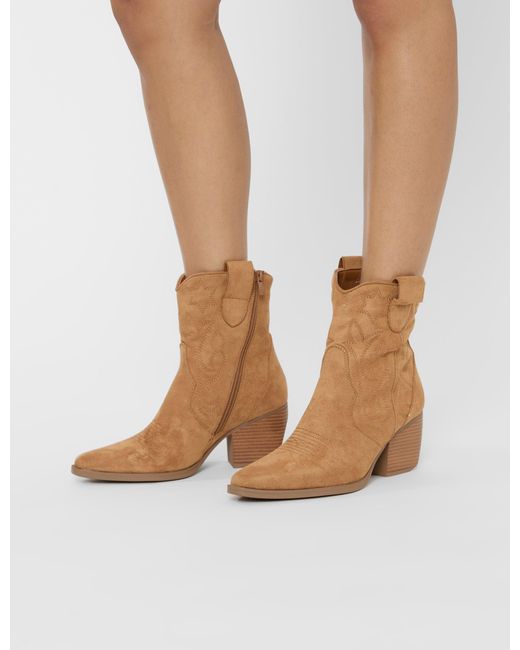 Public Desire White Wild West Tan Suedette Western Cowboy Low Ankle Boots