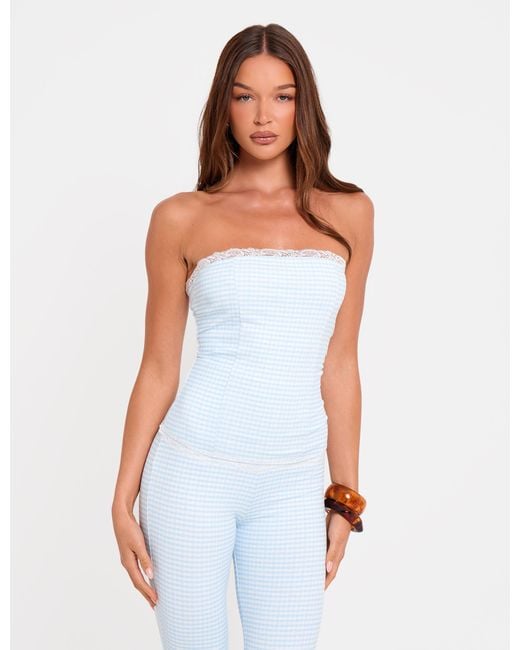 Public Desire Gingham Lace Trim Bandeau Top Blue And White