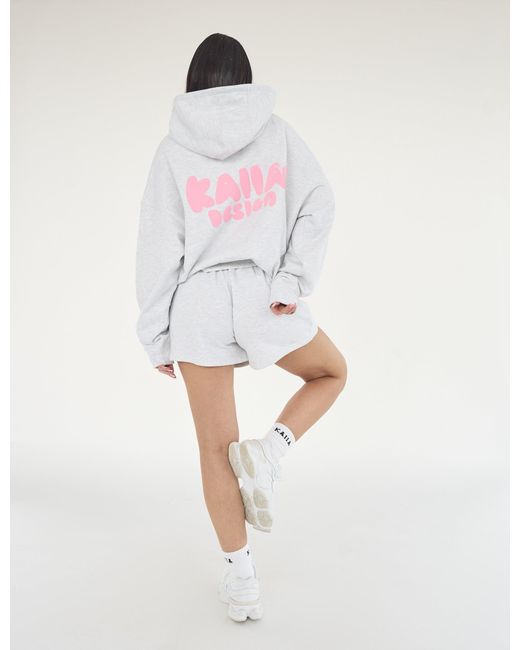 Public Desire White Kaiia Design Bubble Logo Oversized Hoodie Lt Grey Marl & Pink