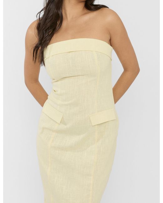 Public Desire Multicolor Linen Look Tailored Fold Over Bandeau Pocket Detail Midi Dress Yellow