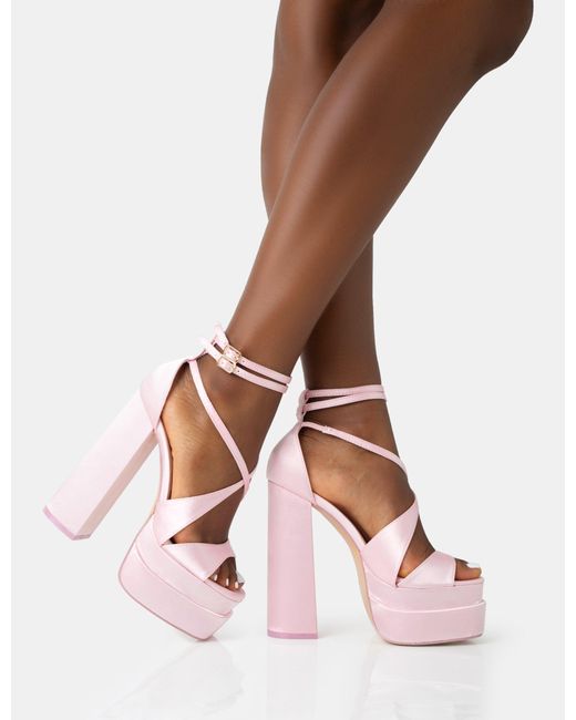 Public Desire Penelope bow detail satin heeled shoes in pink – Luxe by Kan