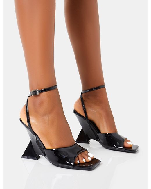 Public Desire Twin Flame Black Patent Wrap Around Barely There Inverted Wedged Square Toe High Heels