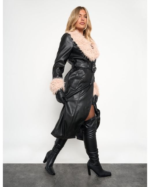 Public Desire Faux Fur Trim Belted Faux Leather Trench Coat Black