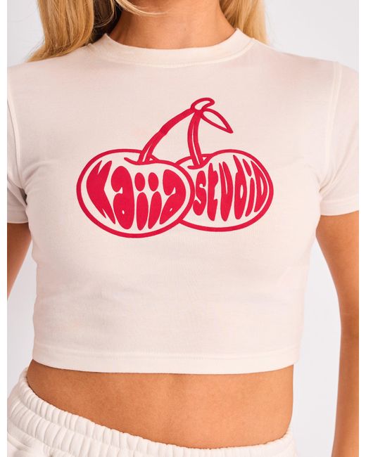 Public Desire Pink Kaiia Studio Cherry Graphic Baby Tee Cream & Red