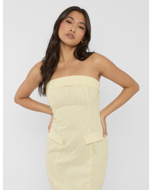 Public Desire Multicolor Linen Look Tailored Fold Over Bandeau Pocket Detail Midi Dress Yellow