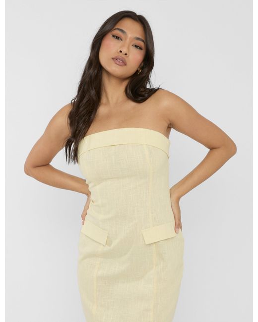 Public Desire Multicolor Linen Look Tailored Fold Over Bandeau Pocket Detail Midi Dress Yellow