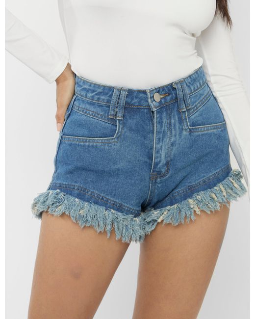 Public Desire High Waist Frayed Denim Shorts Light Blue