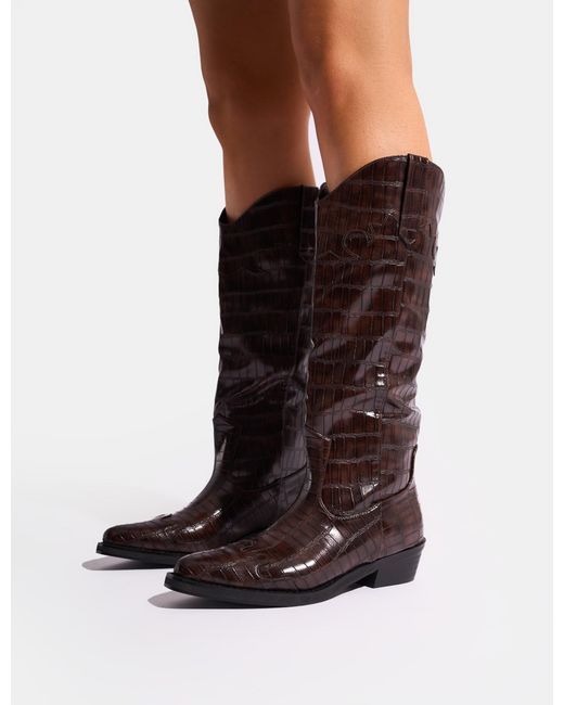 Public Desire Multicolor Apollo Brown Croc Flat Western Knee High Boots