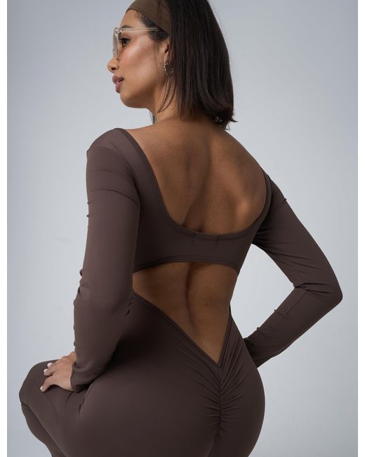 Public Desire Brown Cut Out Back Detail Long Sleeve Jumpsuit Beige