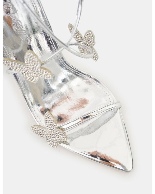 Public Desire White Pageant Queen Silver Mirror Diamante Butterfly Detail Lace Up Pointed Toe High Heels