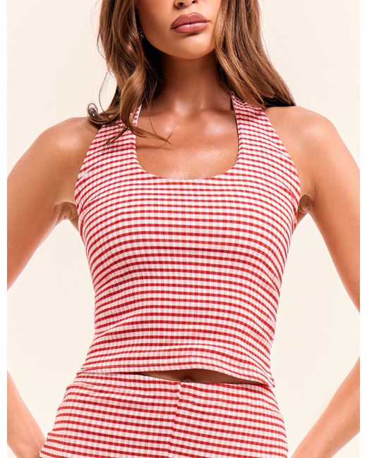 Public Desire Pink Halterneck Gingham Crop Top Red And White