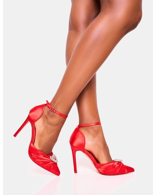 Public Desire Meant To Be Red Satin Diamante Heart Court Stiletto Heel