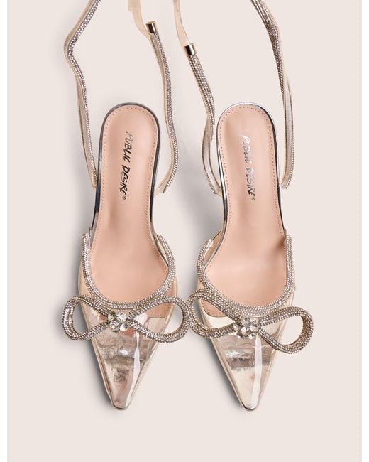 Public Desire Brown Midnight Clear Perspex Wide Fit Wrap Around Sparkly Diamante Bow Pointed Toe High Heel