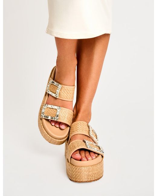 Public Desire White Bettie Natural Rattan Diamante Buckle Detail Flatform Slider Sandals