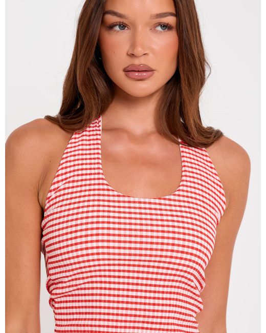 Public Desire Pink Halterneck Gingham Crop Top Red And White