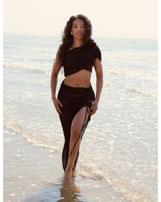 Public Desire Natural Asymmetric Ruched Maxi Skirt Black