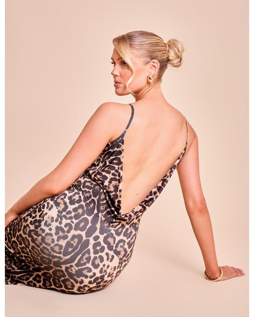 Public Desire Pink High Neck Cowl Back Maxi Dress Leopard