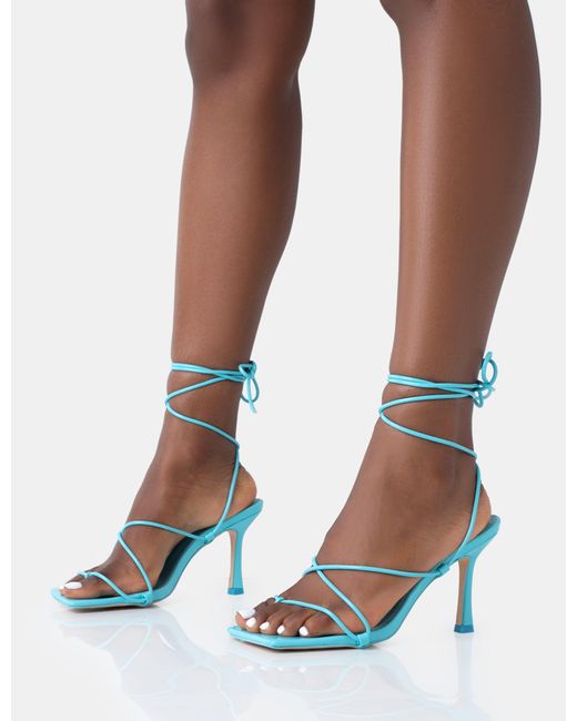 Public Desire Euphoria Baby Blue Patent Square Toe Lace Up Mid Heels