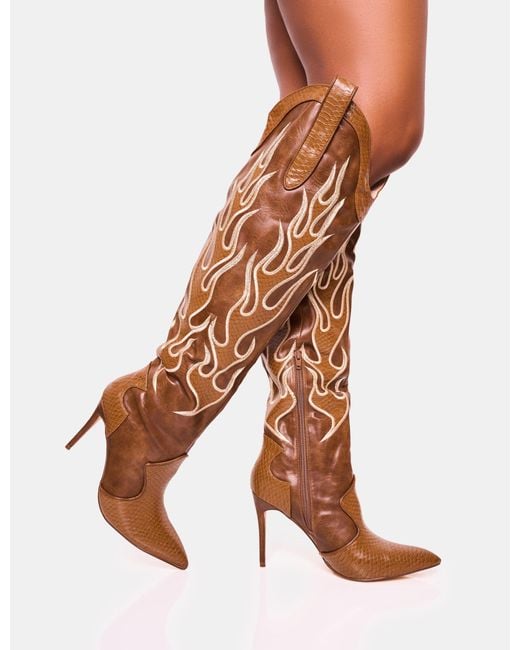 Public Desire Multicolor Jacksonville Brown Flame Motif Western Stiletto Heeled Over The Knee Boot