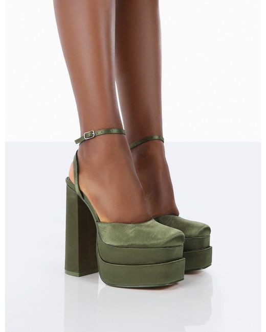 Public Desire Moonchild Olive Satin Closed Toe Statement Platform Block  Heels in Green | Lyst