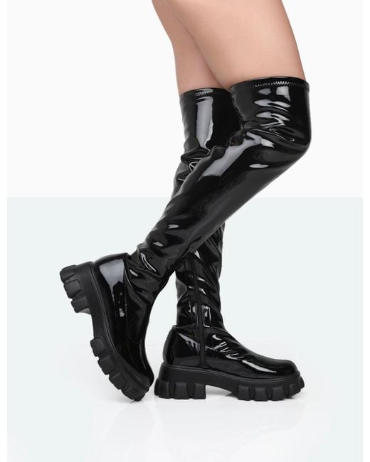 Public Desire Take Chances Black Patent Chunky Sole Knee High Boots