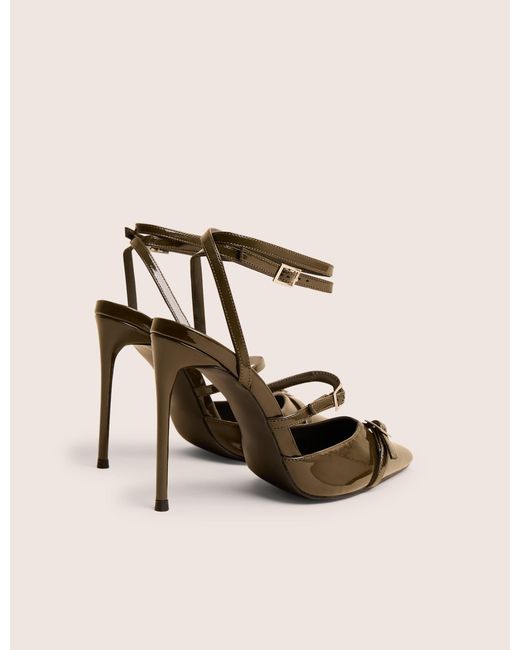 Public Desire Natural Viper Green Patent Three Strap Buckle Detail Court Heels