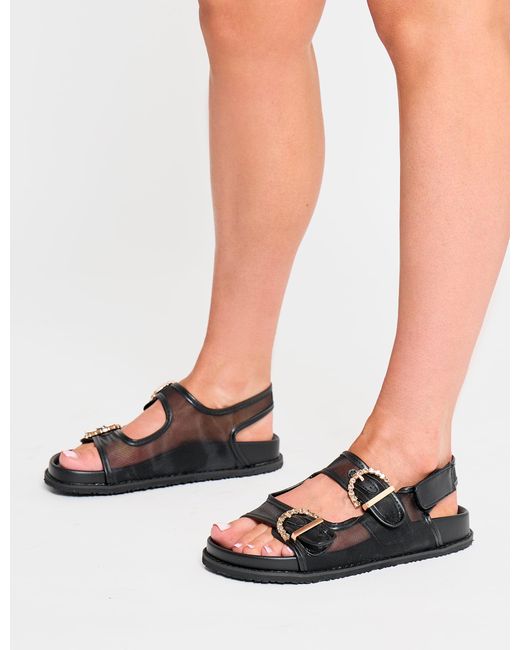 Public Desire White Fuda Black Mesh Diamante Buckle Detail Back Strap Sandals