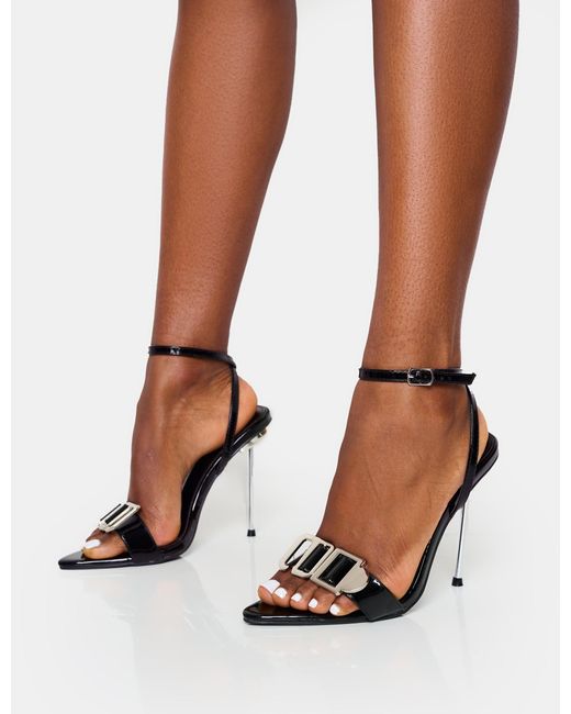 Public Desire Brown Socialite Black Pu Buckle Detail Barely There High Heels