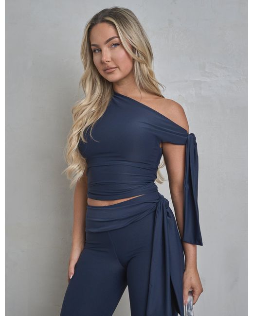 Public Desire Blue Knot Detail Asymmetric One Shoulder Luxe Slinky Top Navy