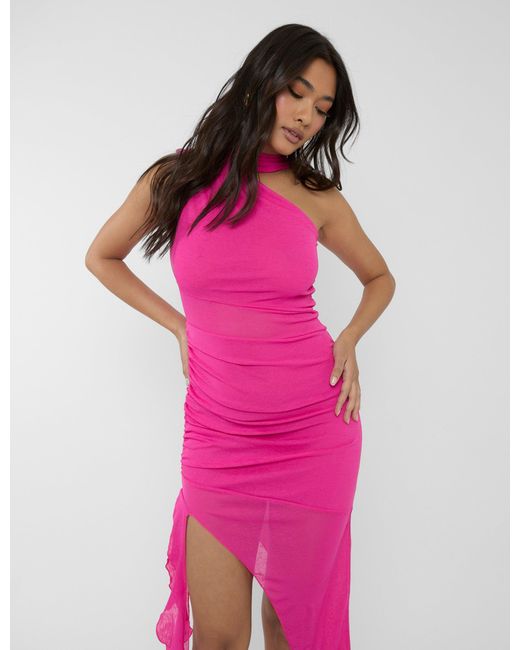 Public Desire Mesh Choker Detail Asymmetric Midaxi Dress Fuchsia Pink