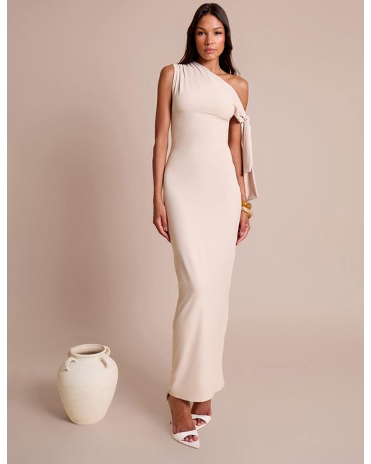 Public Desire Natural Knot Detail Asymmetric One Shoulder Luxe Slinky Maxi Dress Stone