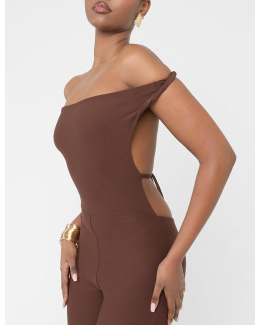 Public Desire Natural Twist Back Detail Off The Shoulder Luxe Slinky Jumpsuit Brown