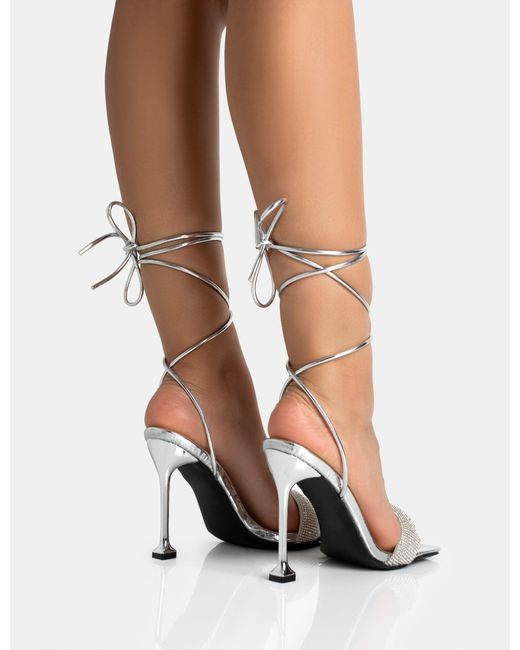 Public Desire White Jenner Silver Pu Diamante Strap Lace Up Square Toe Cake Stand Stiletto Heels