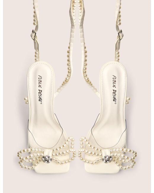 Public Desire Brown Glimmer White Wrap Around Pearl Detail Bow Square Toe Cake Stand Heels