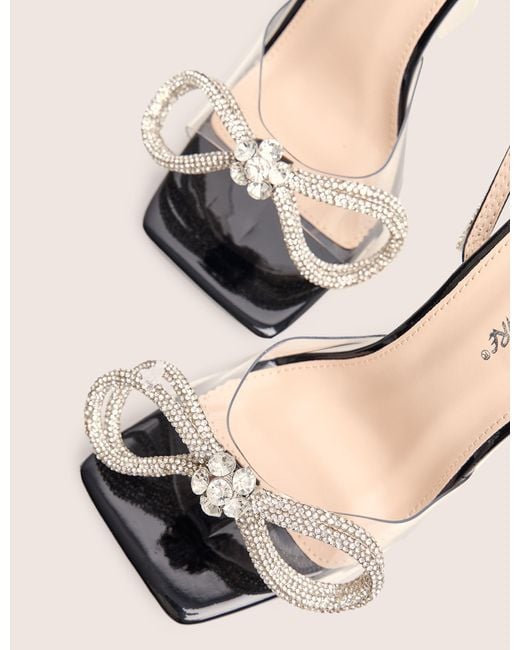 Public Desire Glimmer Wide Fit Black Wrap Around Diamante Bow Square Toe Heels
