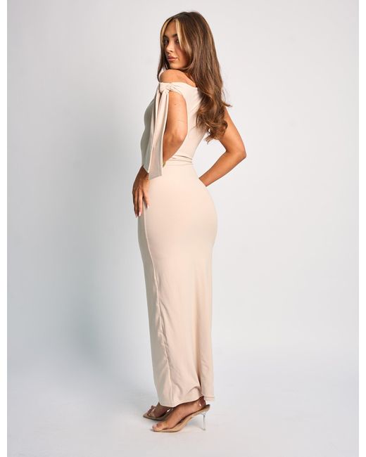 Public Desire Natural Knot Detail Asymmetric One Shoulder Luxe Slinky Maxi Dress Stone