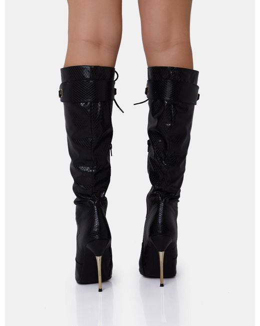 Public Desire White Infatuated Black Croc Lace Up Buckle Feature Stiletto Knee High Boots