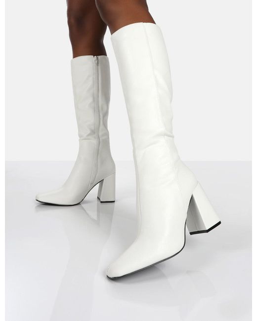 Public Desire Apology White Pu Knee High Block Heel Boots | Lyst