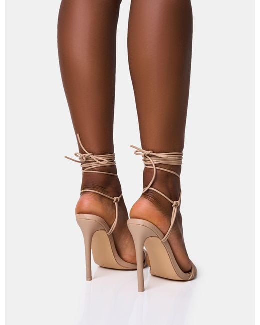 Public Desire Brown Merlot Nude Lace Up Wrap Around Pointed Toe Stiletto Heels