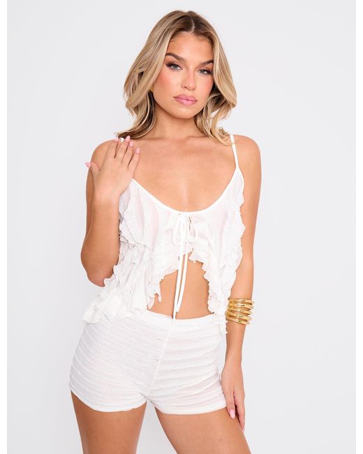 Public Desire White Ruffle Detail High Waist Mini Shorts Cream