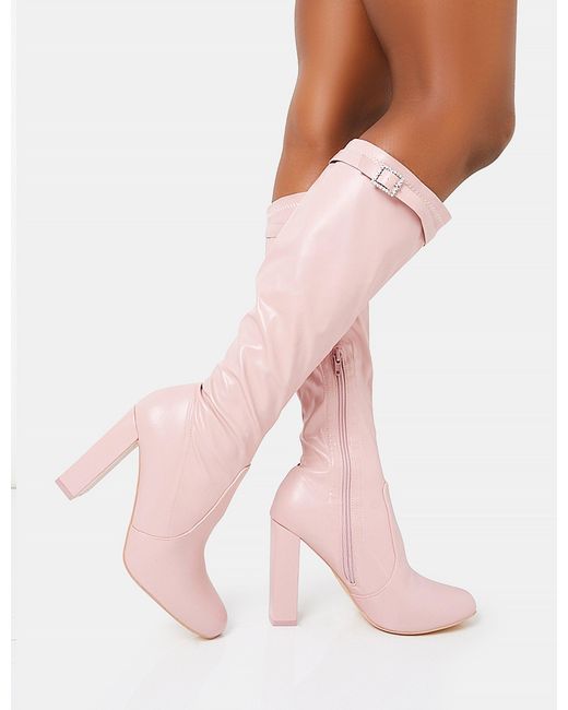 Public Desire First Class Dusty Pink Pu Diamante Buckle Strap Detail Rounded Toe Knee High Block Heeled Boots