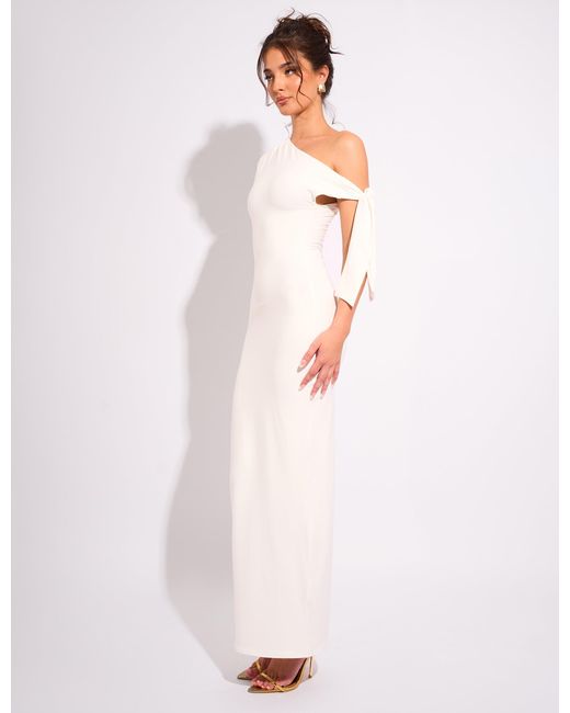Public Desire Knot Detail Asymmetric One Shoulder Luxe Slinky Maxi Dress White