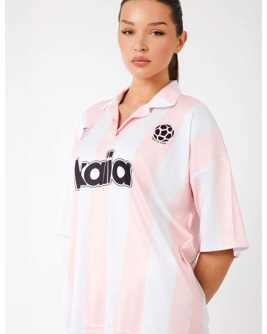 Public Desire White Kaiia Collared Oversized Football Shirt Pink Stripe