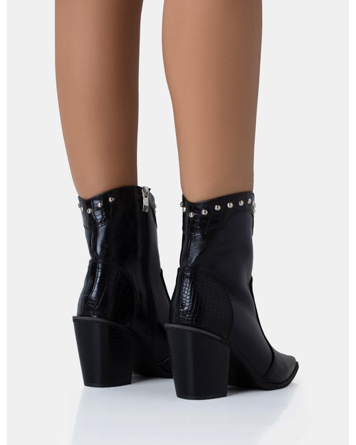 Public Desire Riley Black Croc Metal Studded Detail Western Cowboy Block Ankle Boots