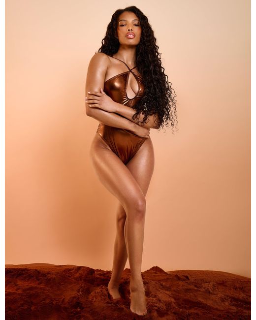 Public Desire Halter Neck Cut Out Swimsuit Chocolate Brown